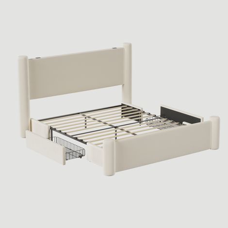 Estructura de cama doble beige de 140 x 200 cm con cabecero tapizado con diseño de columnas 3D, 2 cajones y puerto USB integrado, que aporta comodidad y estilo a tu dormitorio (sin colchón). (1/5)