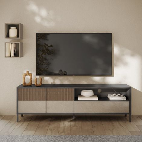 Meuble TV moderne bois strié et travertin 210cm EZE (1/5)