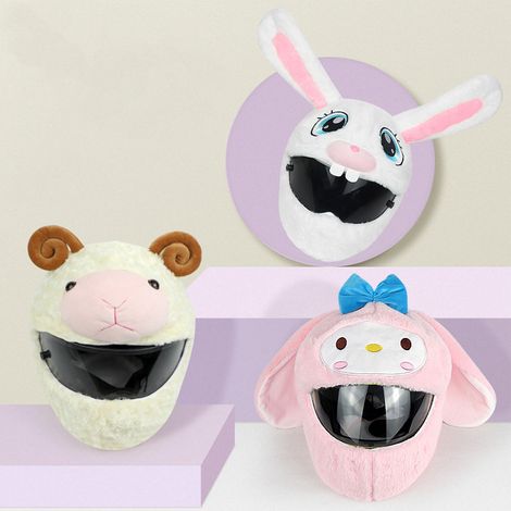 (Exclusivité Asie du Sud-Est) Nouvelle housse de casque de moto en peluche, chaude et protectrice, protection de casque innovante avec motif lapin aux longues oreilles, rose. (1/5)