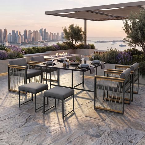 Ensemble table et chaises extérieures 7, en bois, verre et plastique, 7 pièces, pour jardin et terrasse