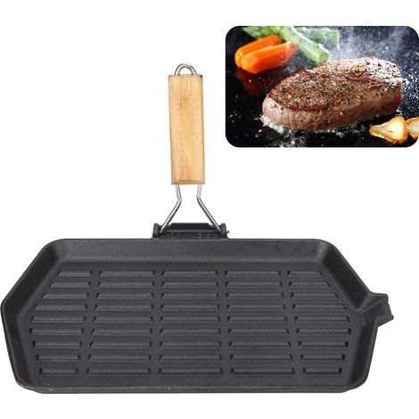 Poêle à Griller en Fonte 21x35 cm, Antiadhésive, Pliante et Portable pour Steak, Chauffage Uniforme avec Manche en Bois (1/5)