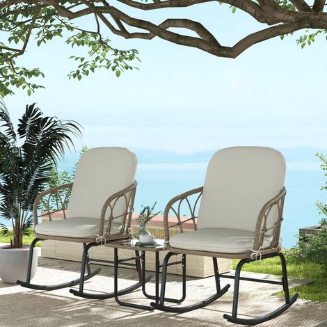 CHICFURN Set da giardino 3 pezzi con poltrone a dondolo in rattan giallo e tavolo in vetro (1/5)