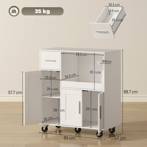 Meuble micro-ondes en bois avec tiroir, 2 placards, étagère ouverte et plateau réglable, 80 x 40 x 88,7 cm, blanc (1/5)
