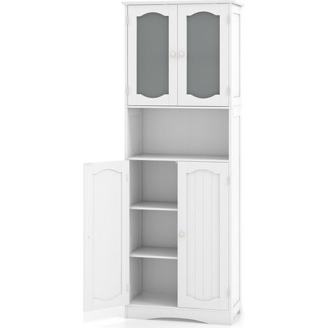 Montage facile armoire de rangement salle de bain avec portes en verre dépoli et étagères réglables (1/5)