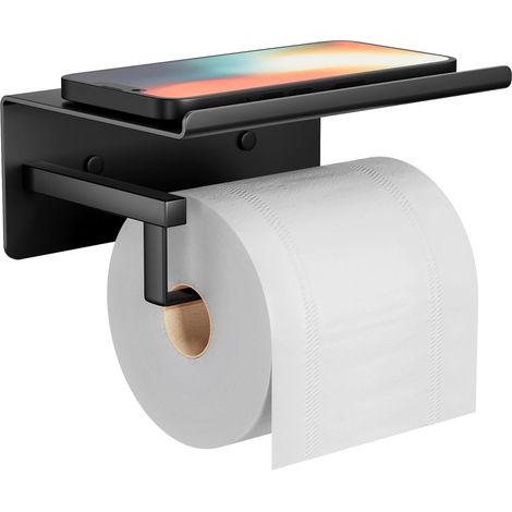 Porte Rouleau Papier Toilette Mural avec Etagère, Adhésif pour Salle de Bain, sans Percage Derouleur Papier Toilette WC -Noir Mat (1/5)