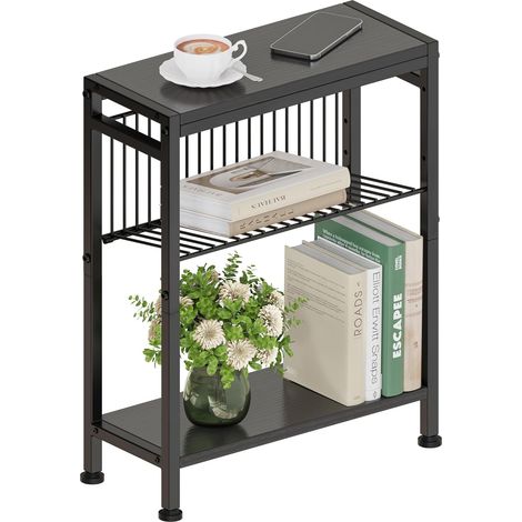 Side Table Narrow Sofa Bedside Slim Coffee Table with Stand Small Central Furniture for Magazines Living Room Bedroom Kitchen Balco Office with 3 Shelves (1, Black) (1/5)
