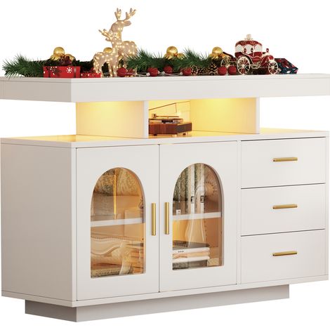 Küchenbuffet mit 3 Schubladen, 2 Türen, 4 offenen Fächern und LED, Hochglanz, für Küche aus Spanplatte 120×40×80 cm Weiß (1/5)