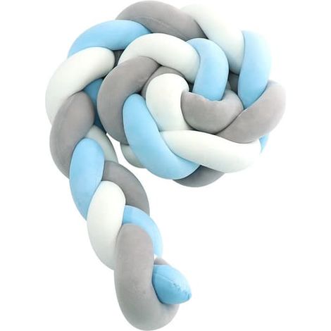 Coussin tressé tissé 200 cm - Tour de lit long pour berceau - Protection de la tête. Coupe-vent, bleu, blanc et gris. (1/4)