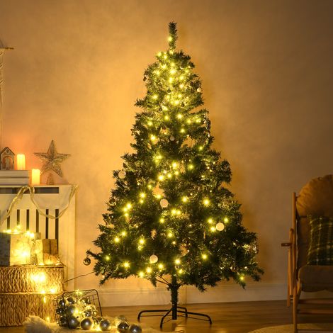 Sapin de Noël artificiel de 180 cm, sapin artificiel avec éclairage LED, boules, sapin de Noël à 745 branches, décoration de Noël avec support en métal pour usage intérieur