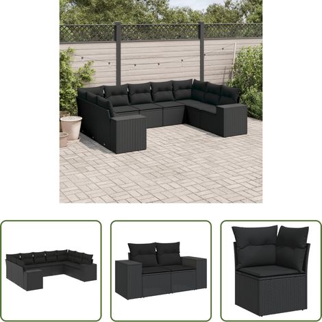 vidaXL Canapé en résine - Salon de jardin 9 pcs avec coussins noir résine tressée (1/5)