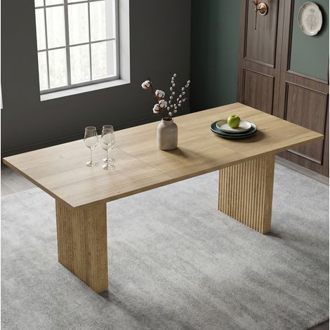 Mesa de comedor extensible 140/200 x 90 cm, 6 a 8 personas, MDF, color roble (1/5)