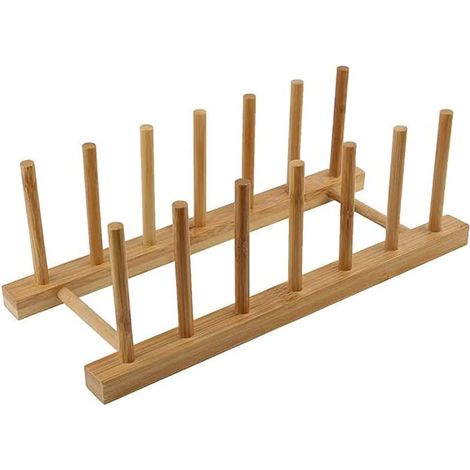 Égouttoir à vaisselle en bois de bambou, 6 assiettes, support de couvercle de casserole, organiseur de placard de cuisine pour bols, tasses, planche à découper et plus encore (1/5)