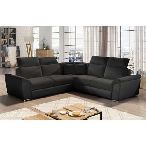 Canapé d'angle - convertible - FELIPE - en tissu noir et simili cuir noir, 5/6 places (1/5)