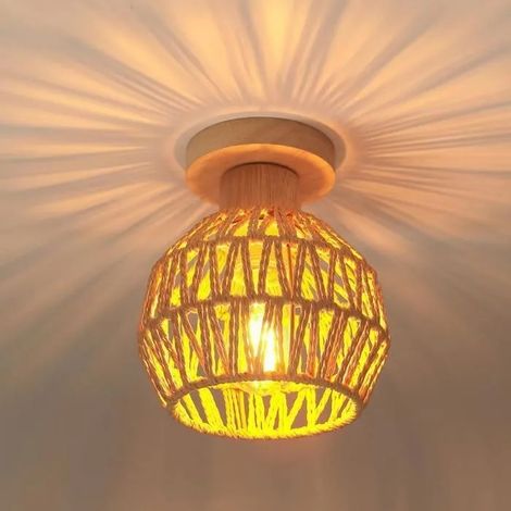Plafonnier Vintage Lampe de Plafond en Bois Rotin Brun E27 Luminaire Lustre Abat-jour Design Cage pour Salon Chambre (1/5)
