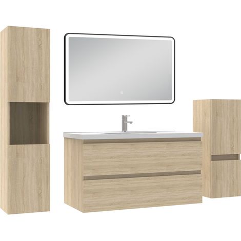 Ocean Meuble salle de Bain 100cm avec colonne + miroir mural lumineux 3 couleurs Chêne Wotan