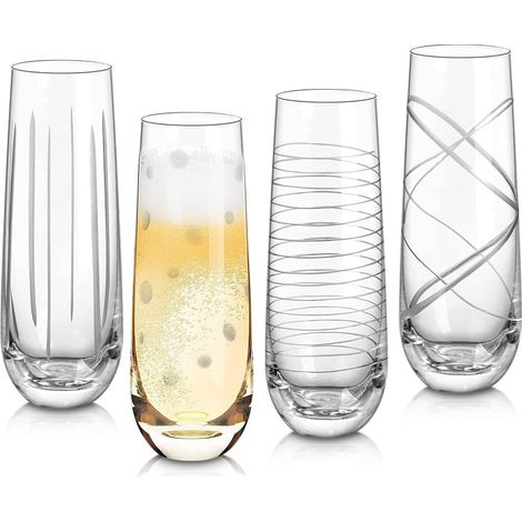 Flûtes à champagne sans pied en verre gravé 4 motifs