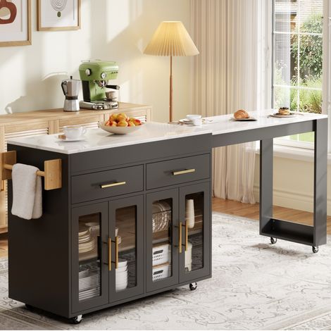 Isola da cucina 132.5-217x50x93 cm nera in MDF con piano estraibile, ruote, cassetti e ante in vetro (1/5)