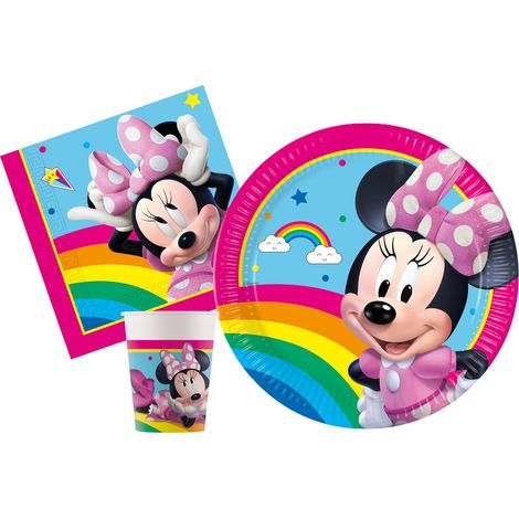 Kit Party Tavola Disney Minnie Rainbow per 8 persone (36 pezzi: 8 piatti Ø23cm, 8 bicchieri 200ml, 20 tovaglioli 33x33cm) in carta FSC compostabile eco-friendly (1/2)