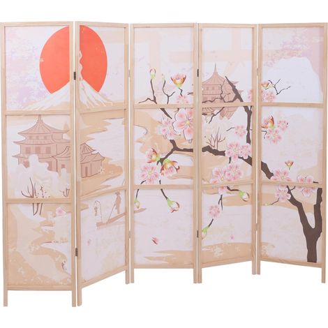 Paravento pieghevole a 5 ante in stile orientale 170 x 227 cm pratico spazio zen polietilene beige 040008907