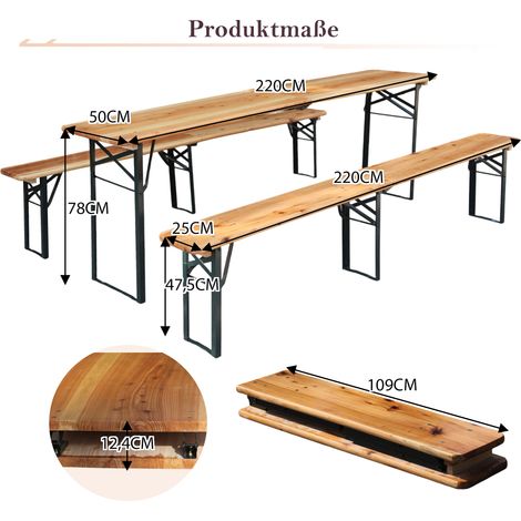 Faltbare Bierzeltgarnitur 220 cm, 3-teilig: 1 Klapptisch + 2 Bierbänke, wetterfeste Kiefer massiv, platzsparend, bis 200 kg, Biertischgarnitur Festzeltgarten