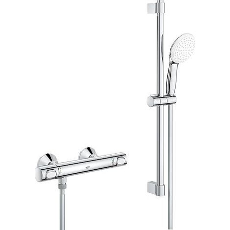 Grohe – Colonne de douche thermostatique Grohtherm 500 – Ensemble de douche 600 mm chromé – Pommeau pluie – Robinet 1/2''