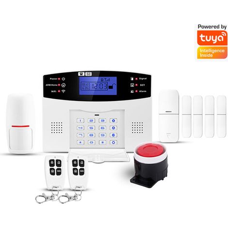 Kit de système d'alarme de sécurité avec numérotation automatique GSM+WiFi, système d'alarme sans fil pour la sécurité domestique, détecteur de mouvement, détecteur de porte/fenêtre et télécommande (1/5)