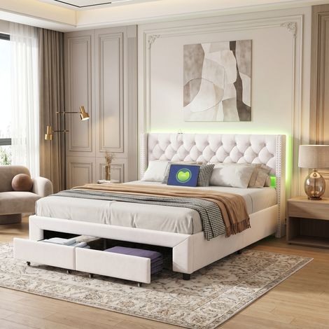 Letto matrimoniale 180x200 con 2 cassetti – Rete a doghe - Testiera capitonné in velluto beige – LED regolabile – Schienale morbido con tasche laterali