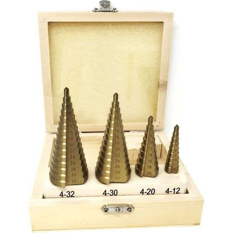 TrAdE Shop Traesio - Set 4 Frese Coniche Da 4 A 32 Mm Fresa Conica A Scalini Per Trapano Allargafori - (1/2)
