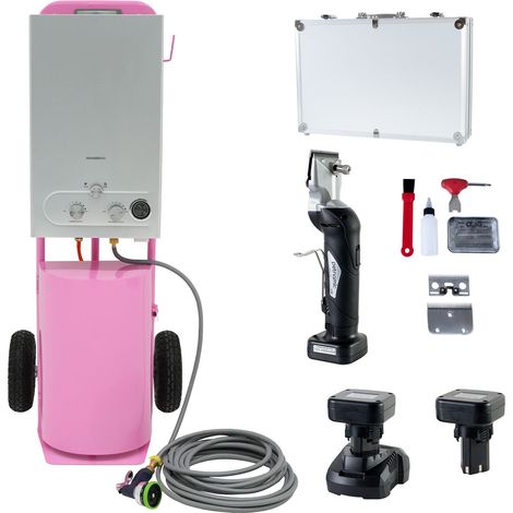Ducha Portátil para Caballos con Esquiladora Inalámbrica 180W, Calentador de Agua 36kW, Depósito 18L, Manguera 10m, 2 Baterías y Carro con Almacenamiento Rosa (1/5)