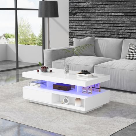 Mesa de centro de aglomerado blanco brillo 95 x 50 x 42,5 cm con cristal, 2 cajones y LED (1/5)