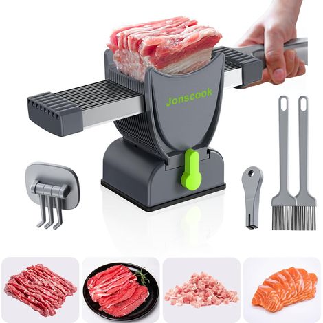 Meat Slicer, Manual Slicer for Fresh and Raw Meat, Adjustable Cutting Thickness 2mm or 4mm, 17 Blades for 18 Slices (Sliced, Striped, Diced) - Grey (1/5)