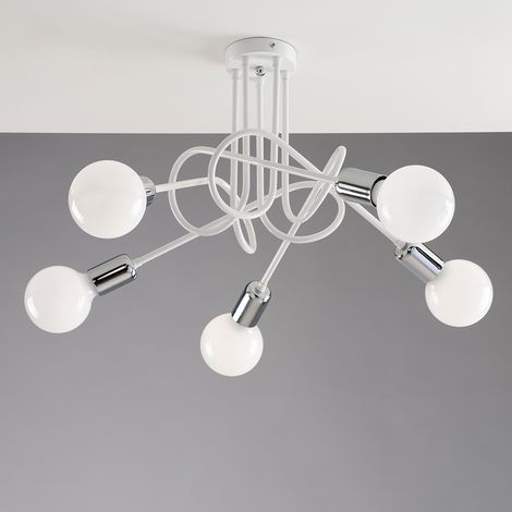 Plafoniera Minimal 5 Luci In Ferro Laccato Bianco Particolari Cromo Serie Pop (1/2)