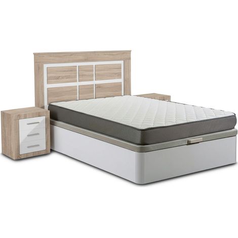 Pack Cama Canape, Blanco, 135cm + Colchón + Cabecero y 2 Mesitas de Noche, Cambria y Blanco