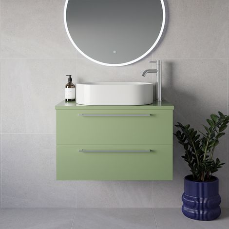 Napoli 390 Olive Green 800mm Wall Mounted 2 Drawer Vanity Unit for Countertop Basins - 800mm - Chrome 480mm Handle