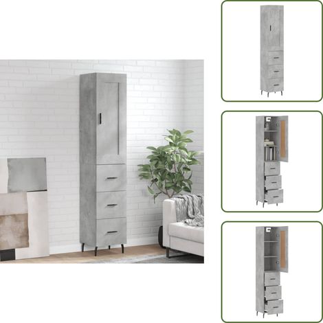 The Living Store Buffet haut Gris béton 34,5x34x180 cm Bois d'ingénierie - Buffet en bois d'ingénierie (1/5)