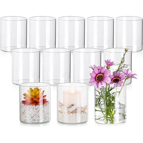 Lot de 12 Vases Cylindriques en Verre Transparent 8.5x10cm, Petit Vase en Verre pour Tischdeko, Roses, Tulipes, Photophore Verre (1/5)