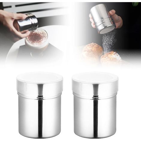 2 saliere in acciaio inox per cioccolato, sale in polvere, dolciumi, zucchero a velo, cacao in polvere, colino a maglie fini per il caffè. (1/4)