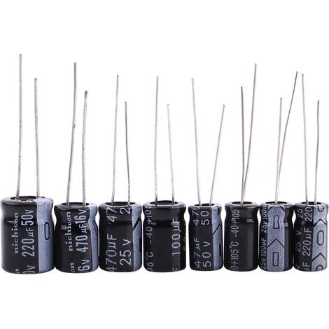 Kit d'assortiment de 125 condensateurs électrolytiques de 1 µF à 2200 µF (25 valeurs). (1/5)