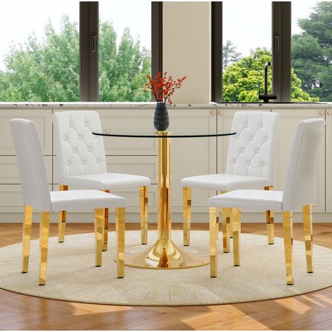 Conjunto de mesa y sillas de comedor en vidrio templado y metal dorado, 4 plazas, estilo moderno, asientos acolchados (1/5)