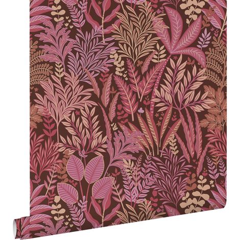 papier peint feuilles et fleurs tropicales violet aubergine et rose - ESTAhome (1/5)