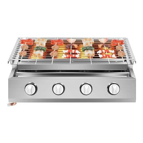 4-Burner gas barbecue,Barbecue gaz avec plancha,Gaz inox
Barbecue à gaz amovible,Surface Cuisson 55.8 x 23.2cm,Hauteur réglable,4 brûleurs,pour camping, balcon, jardin, Argent (1/5)