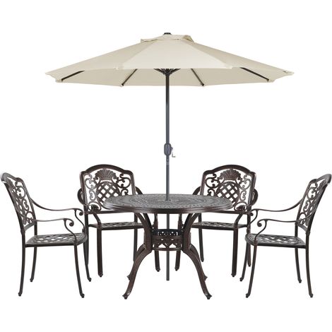 Conjunto de comedor 4 plazas de metal marrón beige sillas cojines sombrilla Salento (1/5)