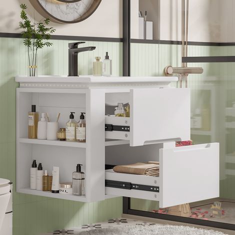 Meuble vasque mural blanc 61x46x48,5 cm, laqué intégralement, rangement salle de bain avec éclairage LED détecteur radar, 2 tiroirs à fermeture douce, étagères latérales, lavabo céramique inclus (1/5)