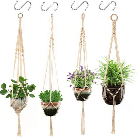 Macramé Suspension Plante Corde 4 Pcs Pot Suspendu Plante Porte Décoration du Jardin Intérieur Extérieur avec 4 Crochets Suspendus (1/5)