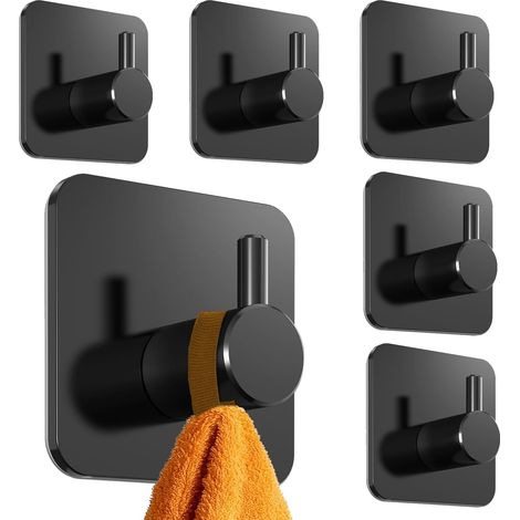 6 Pièces Cochet Adhesif Mual, Cochet Adhésif en Acie Inoxydable, Sans Peçage Accoche Autocollant Mual, Maximale : 3 kg, pou Accoche Salle de Bain, Cuisine, Plafond (Noi)