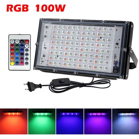 Projecteur LED extérieur RGB 100 W avec télécommande – Éclairage paysager à changement de couleur, IP65, compatible norme européenne (fils d’interrupteur inclus)