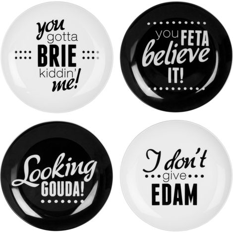 Interiors By Premier Set Of Four Cheese Plates,Black & White Cheese Board Plates For Kitchen,Serving Plates With Cheese Slogans