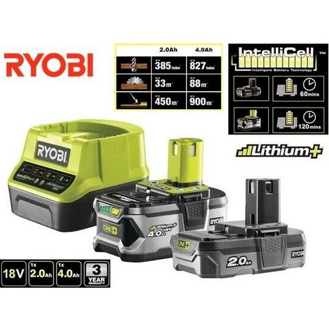 2 batterie RYOBI 18V LithiumPlus OnePlus 4.0 Ah/2.0Ah - 1 caricabatterie rapido RC18120-242G (1/5)