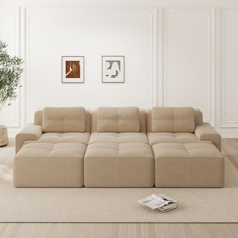 Canapé droit modulaire-lit-velours côtelé doux-3 places-3 poufs-beige-293x177x69cm (1/5)