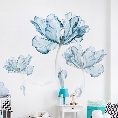 CSPARKV 1PCS Poppies Flowers Wall Stickers Blue Watercolor Floral Wall Decals Living Room Bathroom Bedroom Decoration